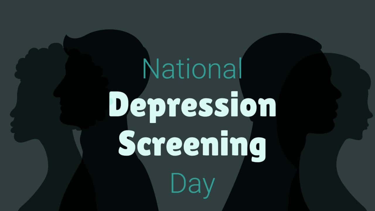Silhouettes of diverse people with text 'National Depression Screening Day'.
