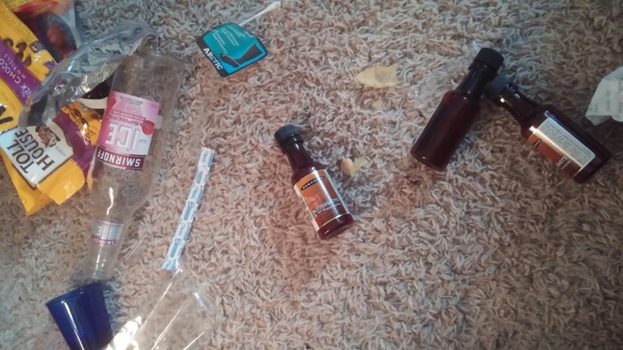 Empty miniature liquor bottles found hidden under a couch