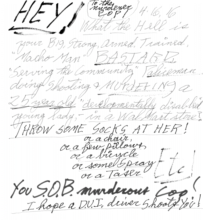 Handwritten hate mail addressed to a police officer
