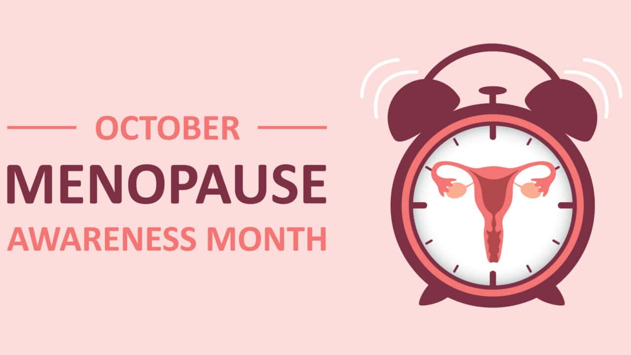 Menopause Awareness Month with clock and uterus illustration in pink tones.
