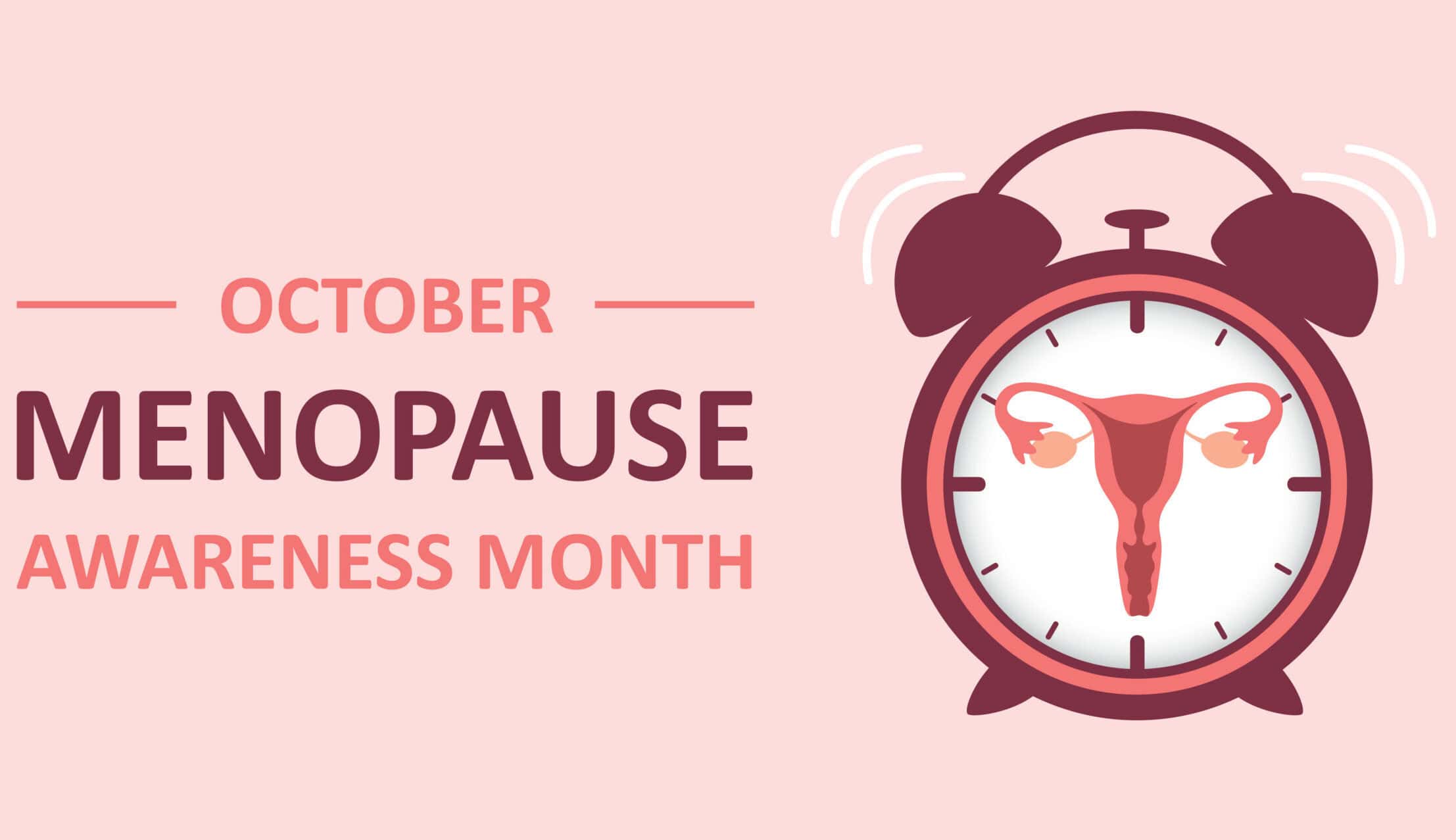Menopause Awareness Month with clock and uterus illustration in pink tones.