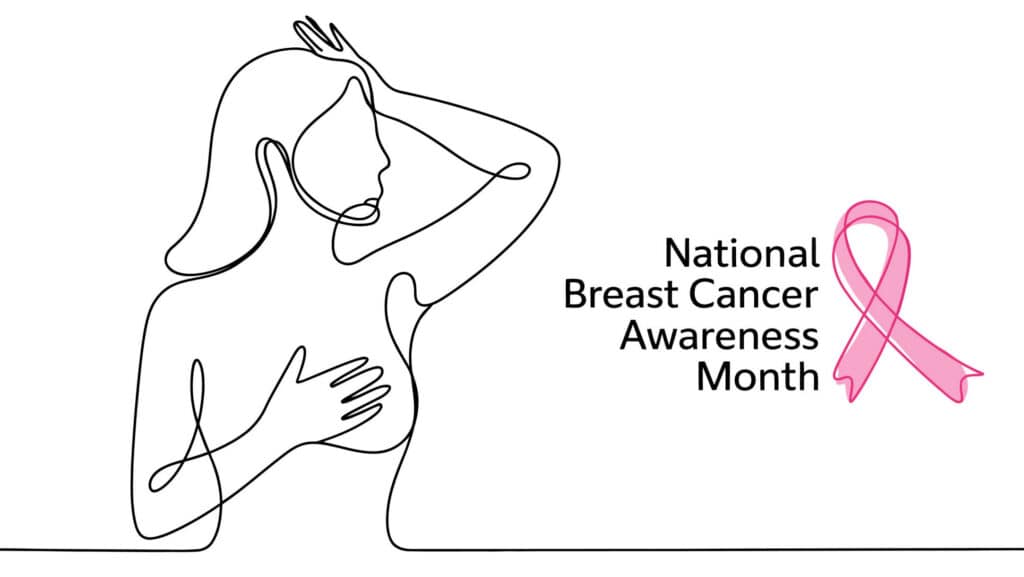Line drawing of a woman with a pink ribbon for breast cancer awareness.