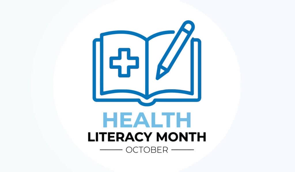 Health Literacy Month logo with open book and pencil in blue and white.