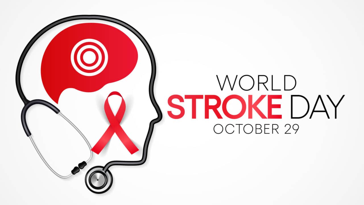 Illustration of a human head with a stethoscope and red ribbon for World Stroke Day.