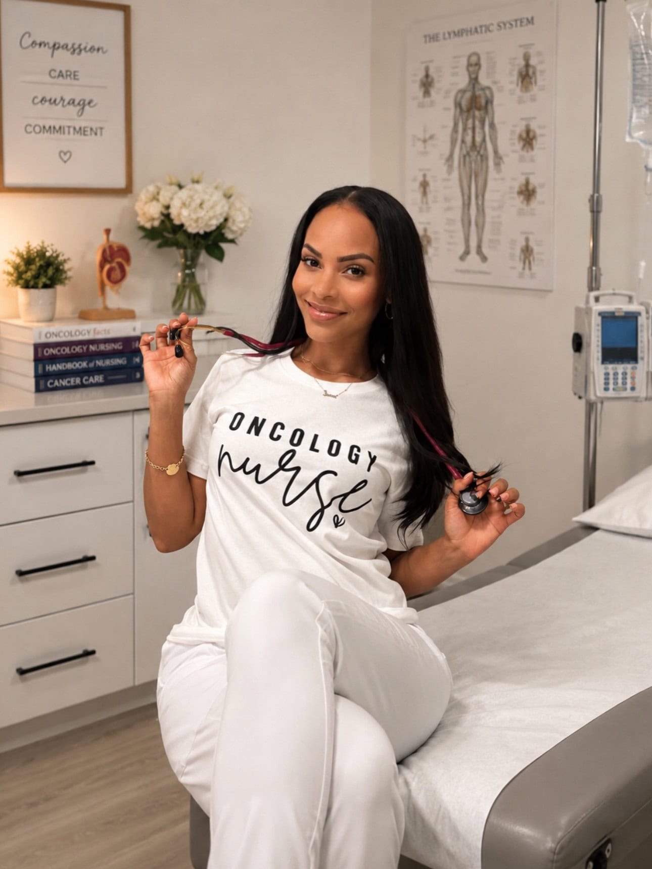 Alicia in scrubs in a clinical room, wearing a shirt that reads Oncology Nurse